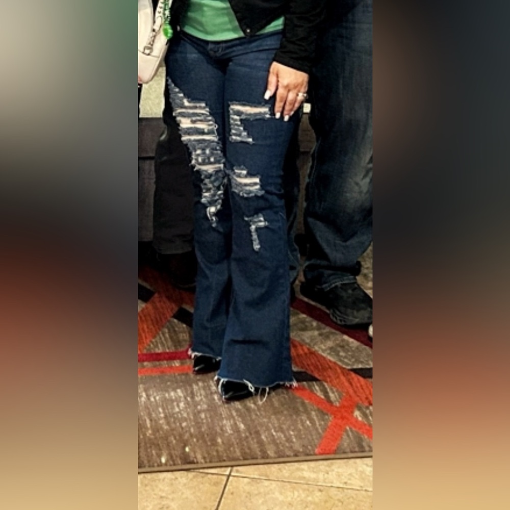 Classic Blue Distressed Flare Jeans